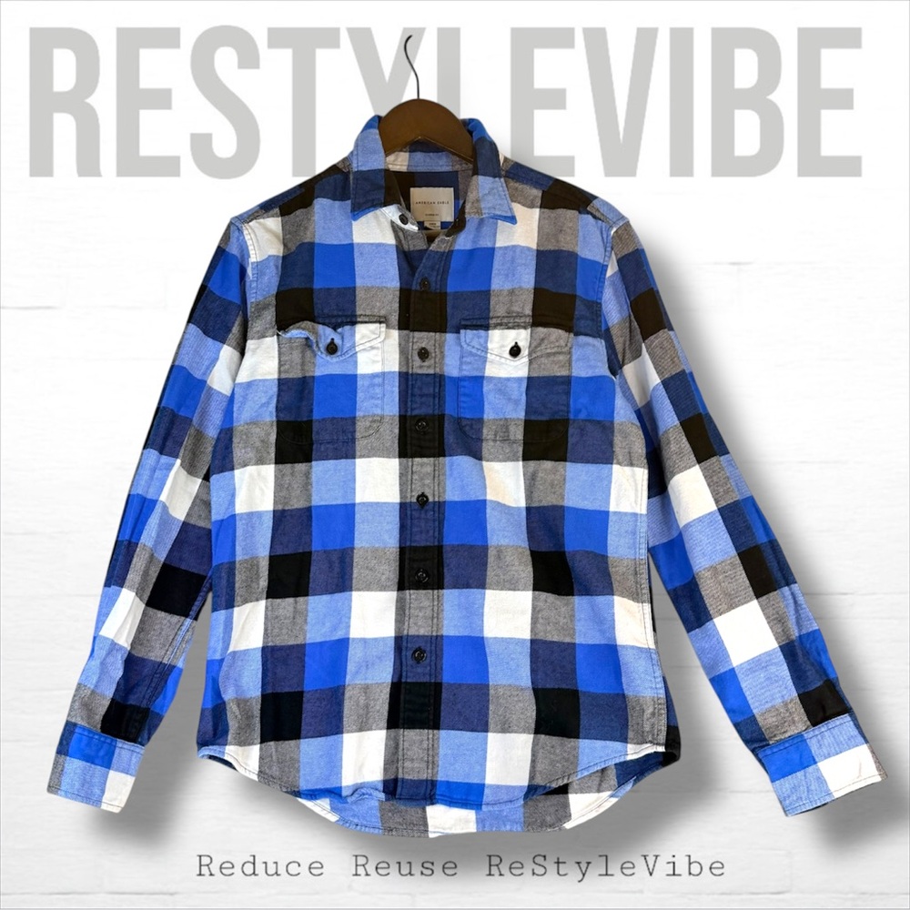 AMERICAN EAGLE Men’s Size S Shirt Button Down Blue Buffalo Plaid Flannel Classic - Picture 1 of 16
